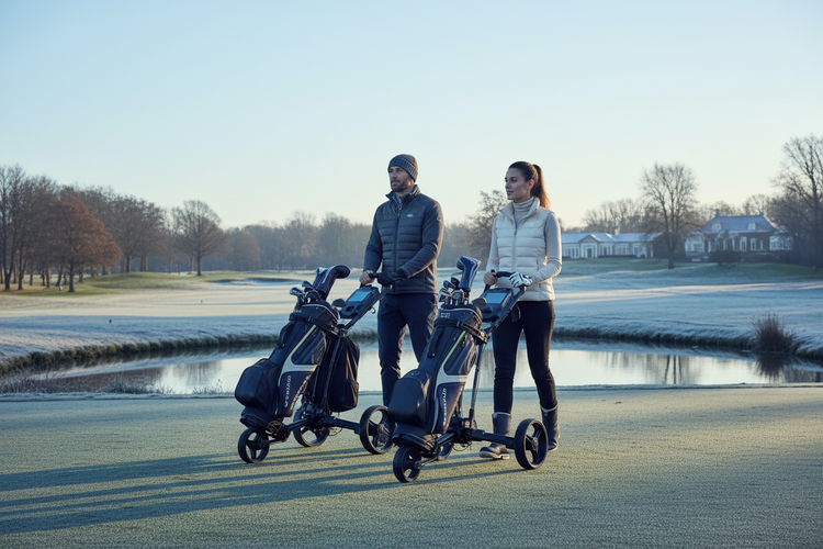 Winter Sale on now. Save up to 30% off. Show a man and women pushing a golf trolley on a golf coarse