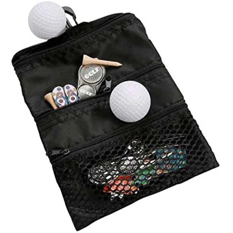 Golf Accessory Pouch - Multi Pocket Clip Zipper with Hook to Bag/Golf Accessories Durable Nylon Holder