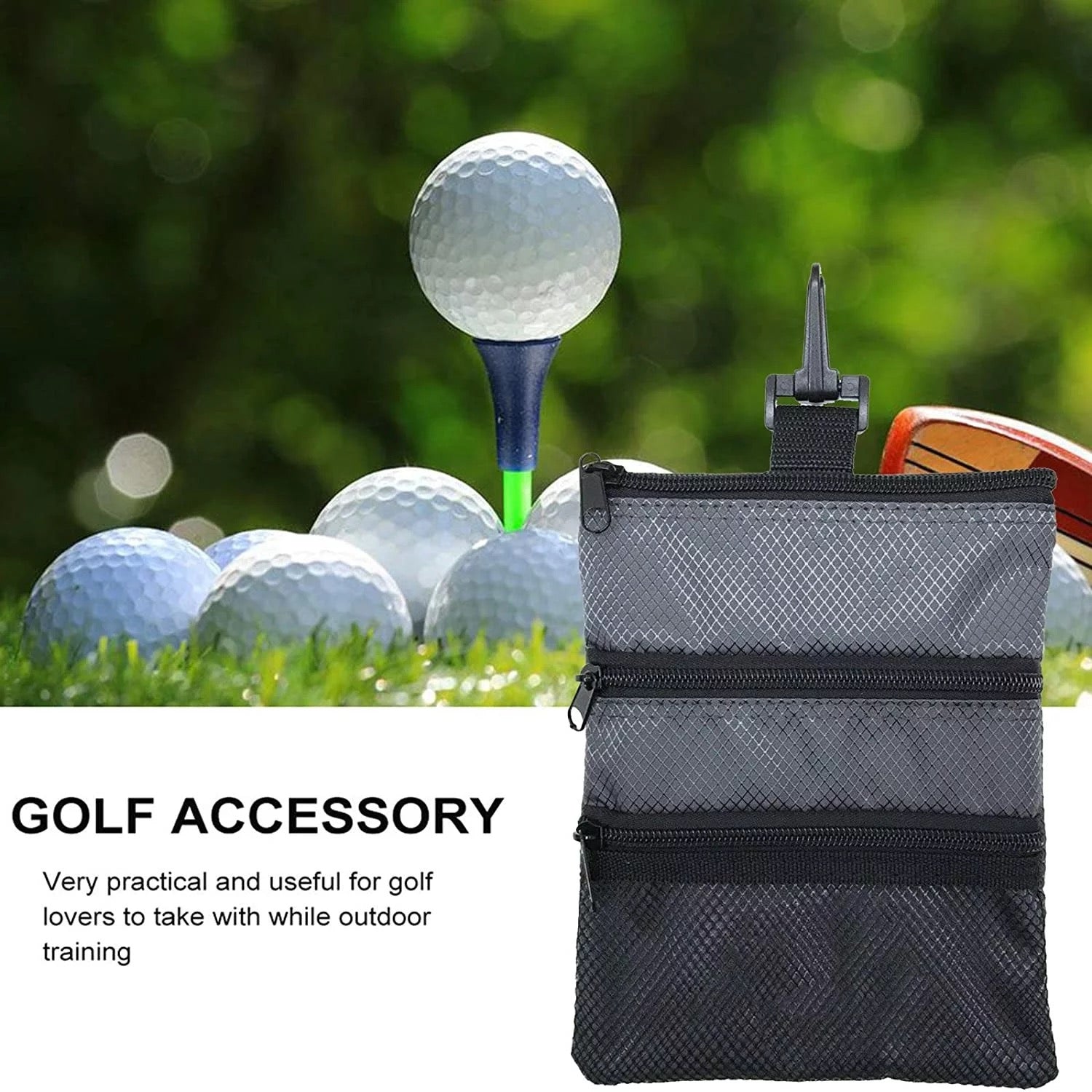 Pochette pour accessoires de golf - Fermeture à glissière multi-poches avec crochet pour sac/accessoires de golf Support en nylon durable