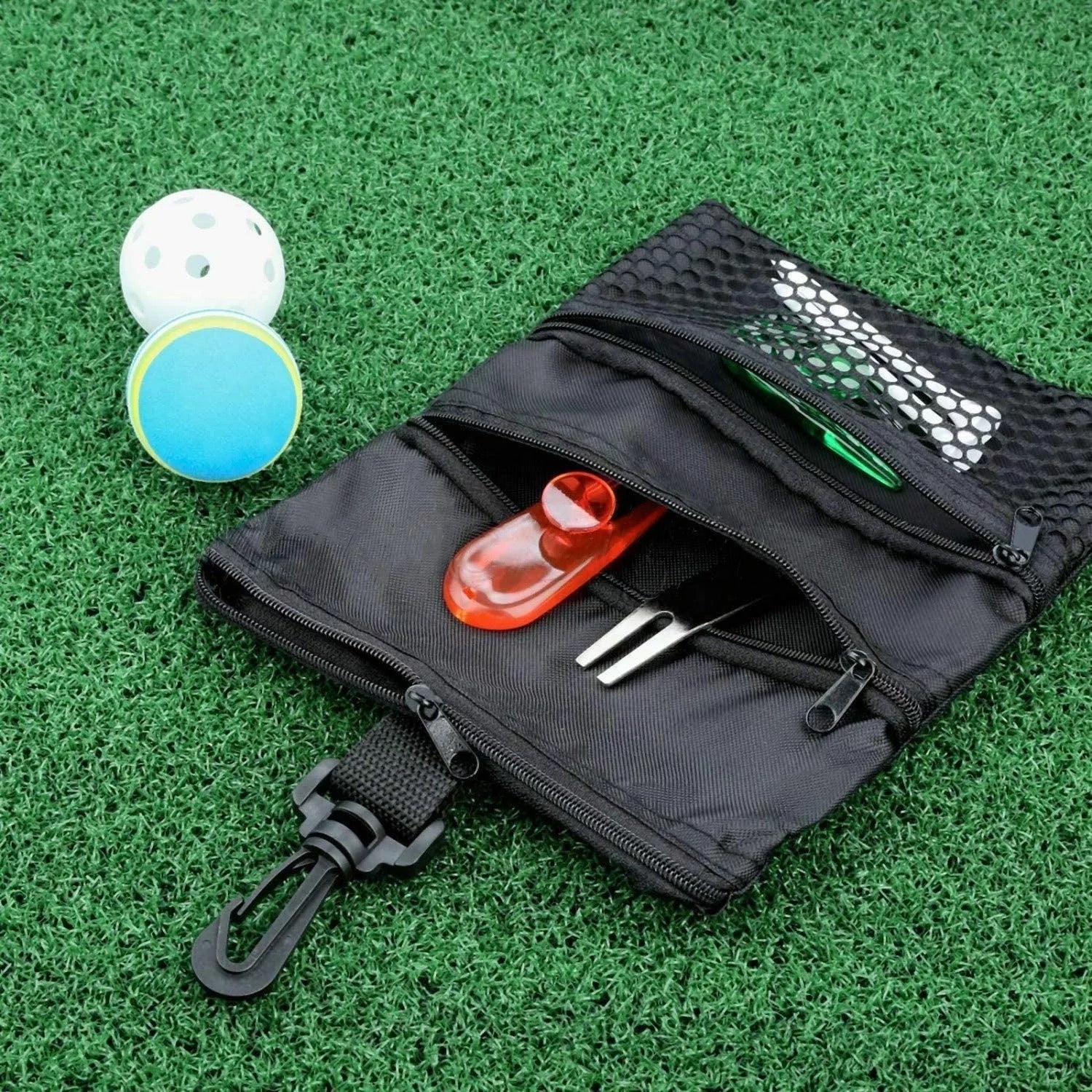 Pochette pour accessoires de golf - Fermeture à glissière multi-poches avec crochet pour sac/accessoires de golf Support en nylon durable